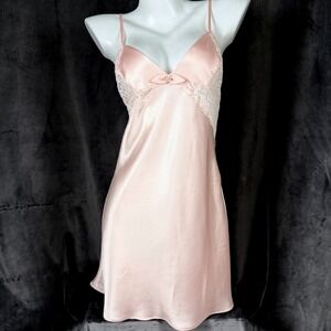 Vintage 1997 Valentino Pink Satin Lace Slip Dress Coquette Y2K Babydoll Cami S